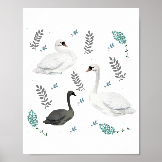Poster Fairytale Swan Illustration Folk Botanical (Devant)