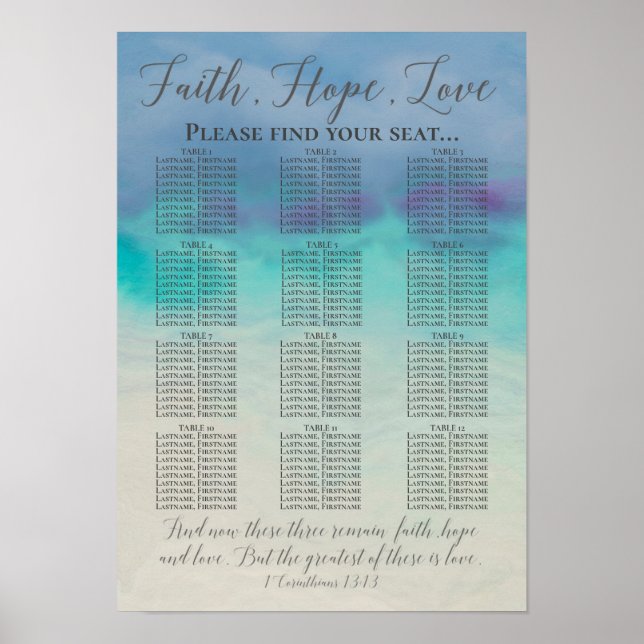 Poster Faith Hope Love Christian Mariage Carte de siège (Devant)