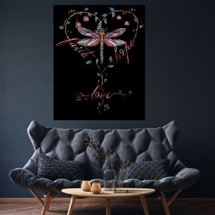 Poster Faith Hope Love Dragonfly Floral Heart Noir