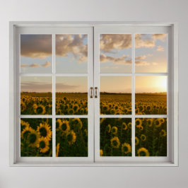 Poster Fake Window Floral Sunflower paysage coucher de so