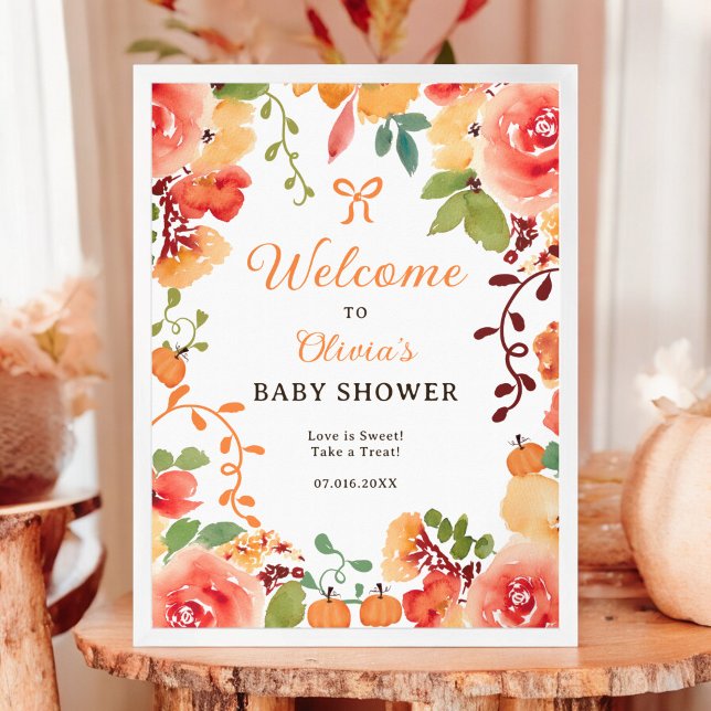 Poster Fall Boho citrouille baby shower floral bienvenue (Fall Boho pumpkin floral baby shower welcome Poster)
