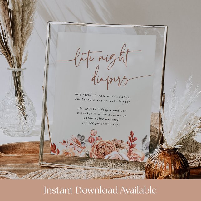 Poster Fall Floral Baby Shower Late Night Diapers Sign (Créateur téléchargé)