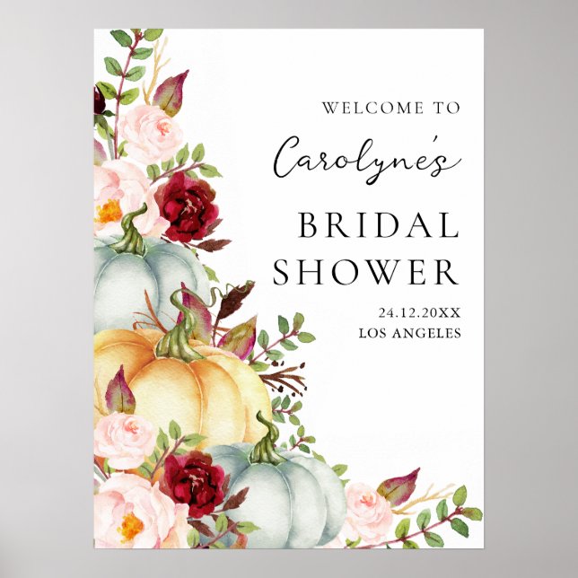 Poster Fall Pumpkin Floral Bridal Shower Welcome Sign (Devant)