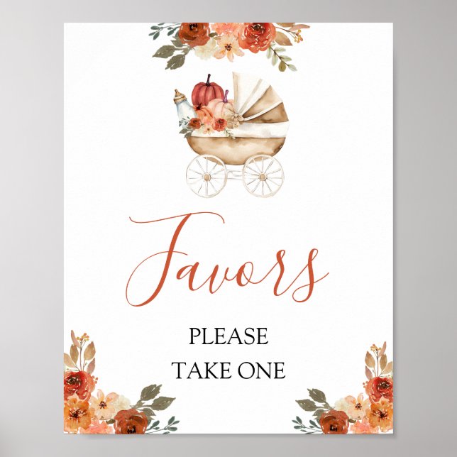 Poster Fall Pumpkin Stroller Floral Baby Shower Favors (Devant)