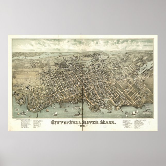 Poster Fall River Massachusetts 1877 Antique Panorama (Devant)