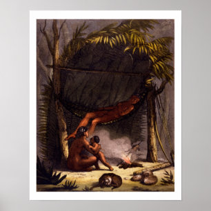 Poster Famille amérindienne sous un abri à feuilles (colo