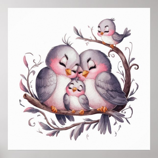 Poster Famille d'oiseaux d'aquarelle avec enfants#2 (Devant)