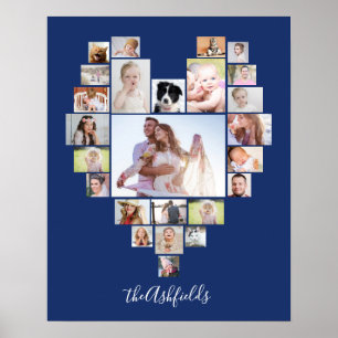 Poster Famille Photo Collage Coeur 25 Photos Nom Bleu