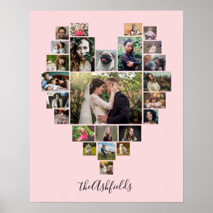 Poster Famille Photo Collage Coeur 25 Photos Nom Rose