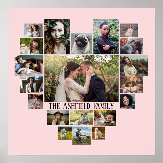 Poster Famille Photo Collage Nom En Coeur 20 Photos Rose (Devant)