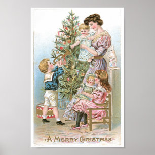 Poster Famille vintage autour d'arbre de Noël