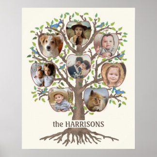 Poster Family Tree Photo Collage 8 Photos Nom Lt Beige