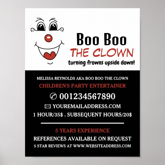 Poster Fantaisie, Animateur pour enfants, Publicité clown (Devant)
