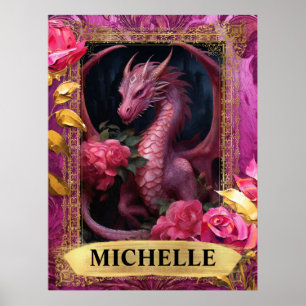 Poster Fantaisie de dragon fuchsia romantique et roses