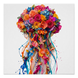 Poster Fantaisie de méduse florale vibrante avec teinte d
