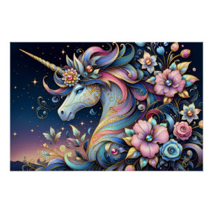 Poster Fantaisie de nuit de licorne florale