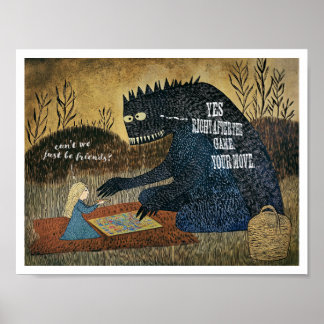 POSTER FANTAISIE ! JEUNE FILLE ET MONSTRE JOUENT À DES JE