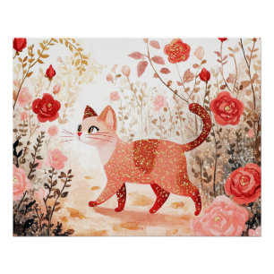 Poster Fantaisiste. Chat dans un jardin de roses.