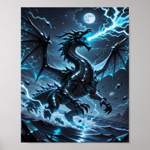 Poster Fantasme de tempête du dragon noir de foudre bleue