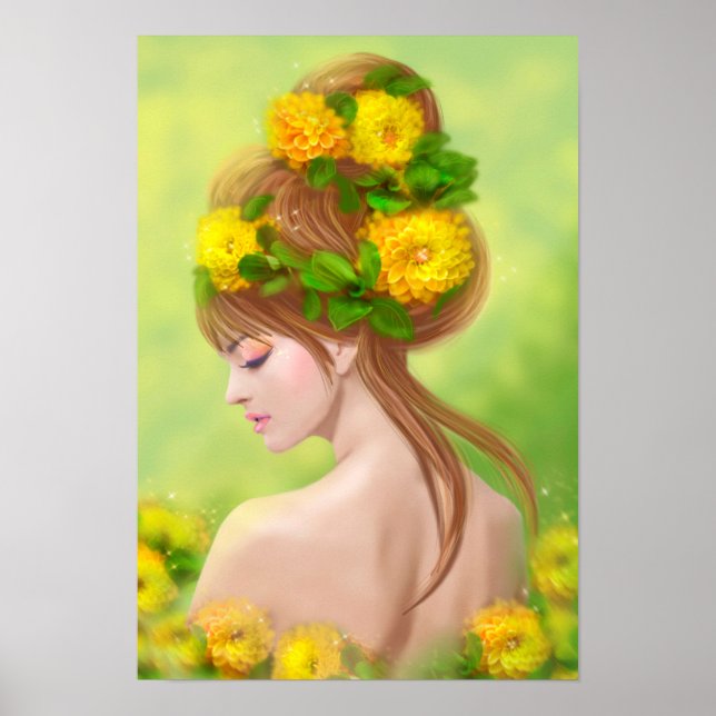 Poster Fantasy Schöne Fee Frühling mit Blume (Vorne)