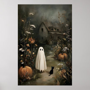Poster Fantôme avec chat noir la nuit – Maison hantée