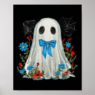 Poster Fantôme Avec Coquette Bow Bleu Et Fleurs Halloween