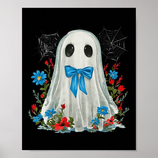 Poster Fantôme Avec Coquette Bow Bleu Et Fleurs Halloween (Devant)