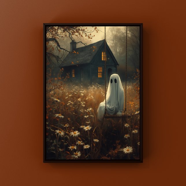 Poster Fantôme d'automne rustique sur la neige Halloween  (Spooky Halloween Wall Art in Rustic Cottage Setting)