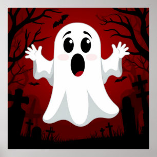 Poster Fantôme de dessin animé adorable Mur Halloween eff