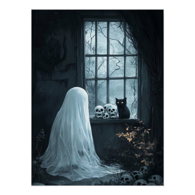 Poster Fantôme d'Halloween, chat et Skuls (Devant)
