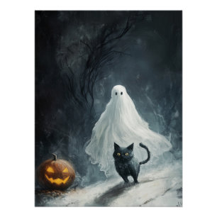 Poster Fantôme d'Halloween et chat noir