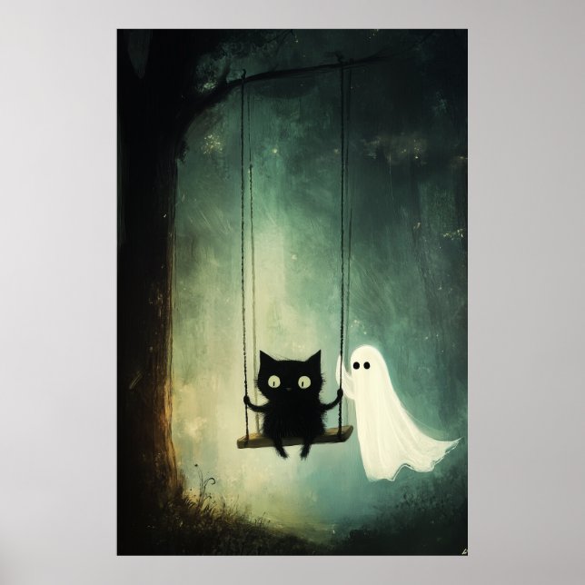 Poster Fantôme d'Halloween et chat noir sur une aile (Devant)