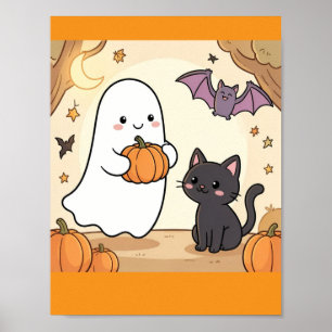 Poster Fantôme Mignon Kawaii Amusant avec Chat Noir