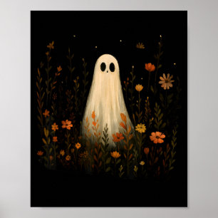 Poster Fantôme sur un pré fleuri Halloween automne design