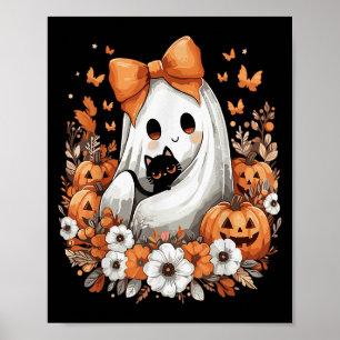 Poster Fantôme vintage Halloween avec citrouille de chat