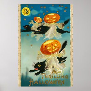 Poster Fantômes Citrouilles vintages d'Halloween et chats
