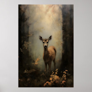 Poster Faon dans la forêt Dark Academia, bébé cerf art mu