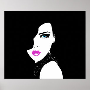Poster Fashion Girl noir rose bleu