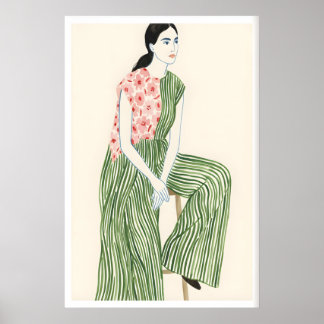 Poster Fashion Wall Art Calm Seated Woman - Green Stripes