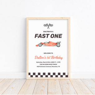 Poster Fast One Race Car 1st Boy's Birthday Party Bienven