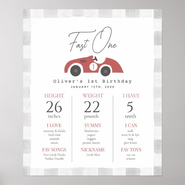 Poster Fast One Red Race Car 1st Birthday Milestone (Devant)