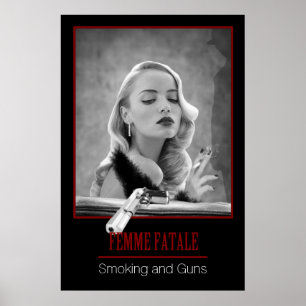 Poster Fatale féminine - Fumer et Armes à feu rétro noir/