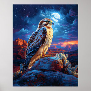 Poster Faucon dans le désert sous une pleine lune