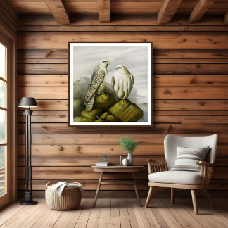 Poster Faucons gyr sur une corniche rocheuse, Illustratio
