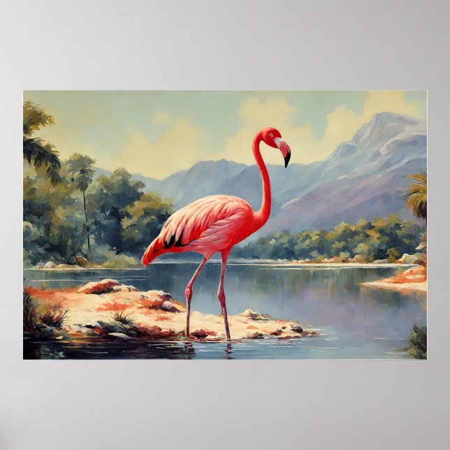 Poster Faune Flamant rose rose River Mountain Vintage (Devant)