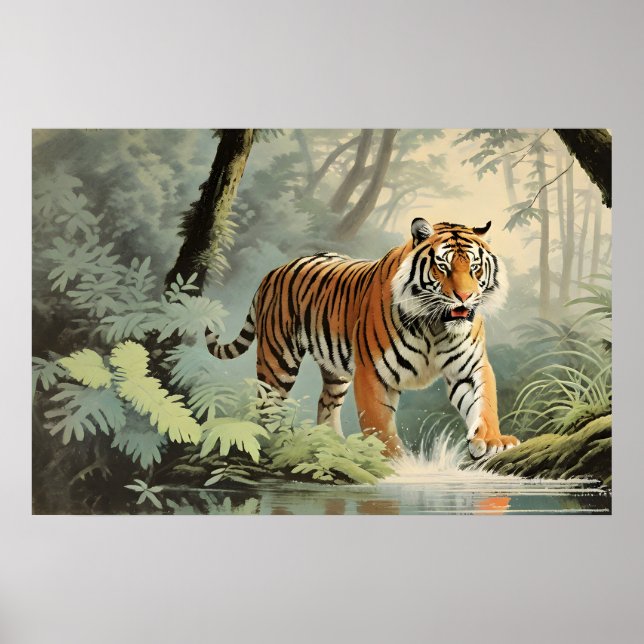 Poster Faune Forêt tropicale de Pluie Tiger Vintage (Devant)