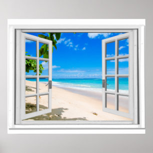 Poster Fausse fenêtre avec la vue d'océan tropicale de