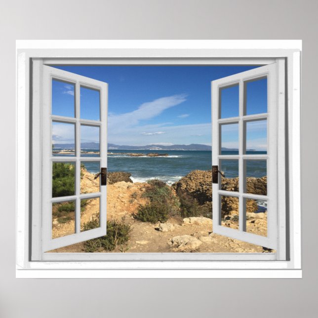 Poster Fausse vue de fenêtre sur une plage rocheuse océan (Devant)