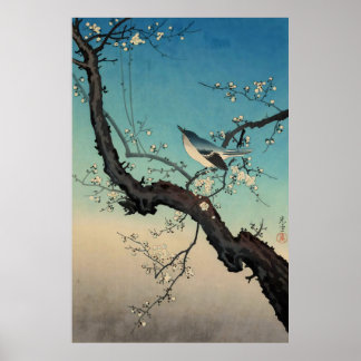 Poster fauvette bush et fleurs de prunier-Tsuchiya Koitsu