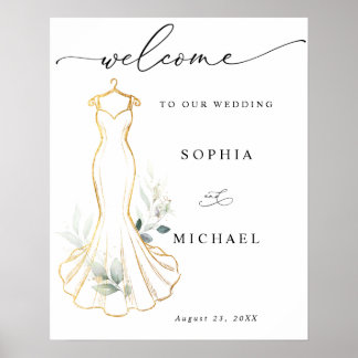Poster Faux Gold and Greenery Wedding Dress Welcome